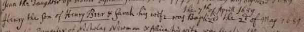 1689 Baptism Henry BEER