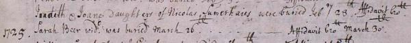 Sarah Beer burial 1725